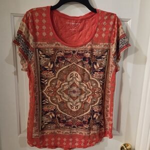 Lucky Brand Women's Orange Boho Printed Scoop Neck Top